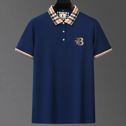 Luxury brand men's short-sleeved polo shirt, summer high-end fashion, plaid embroidery, lapel, casual T-shirt, breathable cotton top