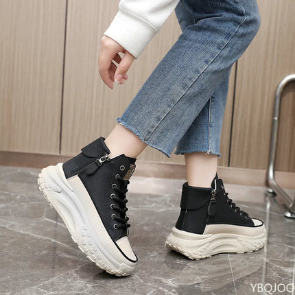 Fashionable versatile high top shoes autumn new round toe thick sole height increasing women's shoes comfortable women's shoes