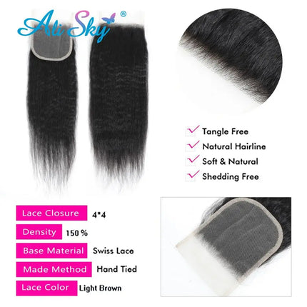 4x4 Lace Closure Kinky Straight Frontal Closure Pre Plucked With Baby Hair Bleached Knots Virgin Unprocessed Hair Yaki Straight