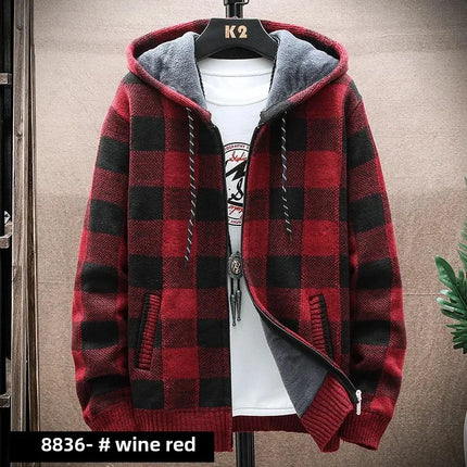 2023 Autumn/winter Fleece-lined Trendy Color Block Versatile Hooded Men's Cardigan Youth Outerwear Knitted Top For Men