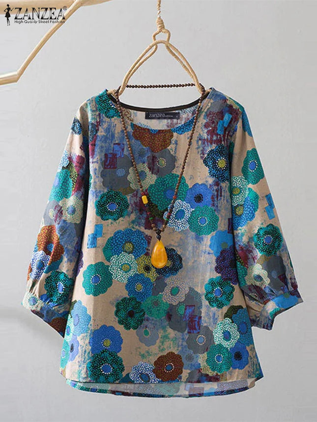 Plus Size Blouses ZANZEA Women Cotton Blouse 2025 Summer Long Sleeve Retro Floral Print Shirts Vintage Office Lady Tops 0XL-5XL