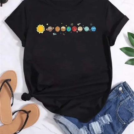 Women Moon Planet Print Fashion Tee Shirts Casual Round Neck Short Sleeve Streetwear Female T-Shirt Vintage Tops