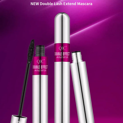 QIC Double Effect 4D Mascara Waterproof Long Curl Natural Thick Eyelash 2-in-1 Black Mascara with 2 Brush Heads
