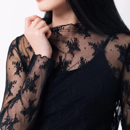 Women's Lace Bottom Blouse T-shirt Spring and Autumn Long Sleeve Mesh Crop Top Foreign Style Sexy Hollow Mesh Top High Neck 2024