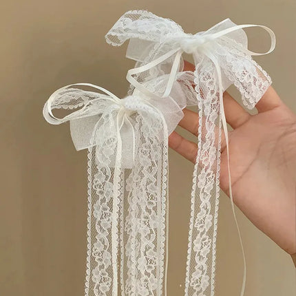 Fashion Y2K Lace Cream White Bow Ribbon Hair Clip for Women Hairpins Bullet Style Side Shredded Hairpin Headpiece Clip Headwear