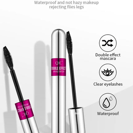 QIC Double Effect 4D Mascara Waterproof Long Curl Natural Thick Eyelash 2-in-1 Black Mascara with 2 Brush Heads