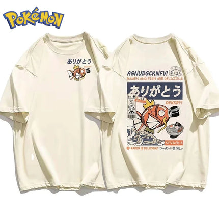 2026 Summer Pokemon Magikarp Ramen Double Sided Print T-Shirt, 100% Cotton Loose Couple & Family Tee for Travel Game & Sports