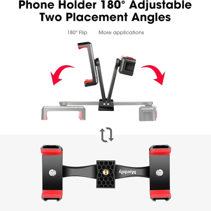 360° Rotatable Dual Cell Phone Holder Clip Clamp 4 Cold Shoe, 1/4'' Screw Tripod Monopod Selfie Stick Vlog Live Streaming Video