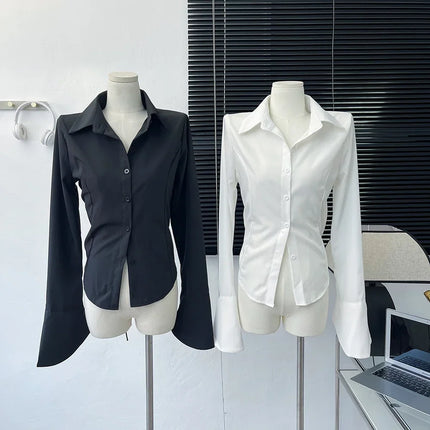 White Shirt Women Tops Korean Long Sleeve Blouses Lace Up Button Up Shirt Office Lady Black Fashion Slim Turn-Down Collar Blouse