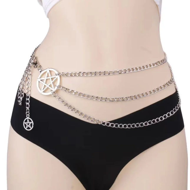 Vintage Alloy Women's Belt Belly Chain Fashion Versatile Design Punk Retro Waist Chain with Double Star Pendant Metal Chains