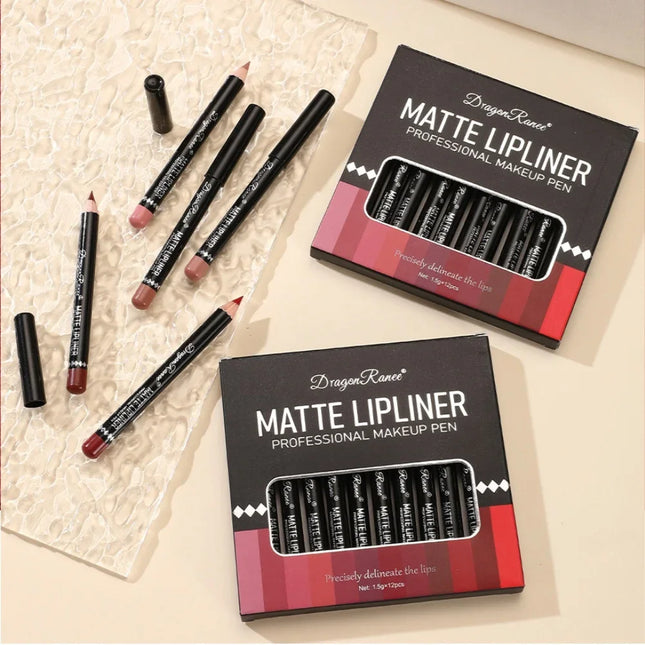 12 Color Nude Matte Lipstick Pencil Set Long-Lasting Waterproof High Pigment Wooden Lip Liner Makeup Tool for Lips