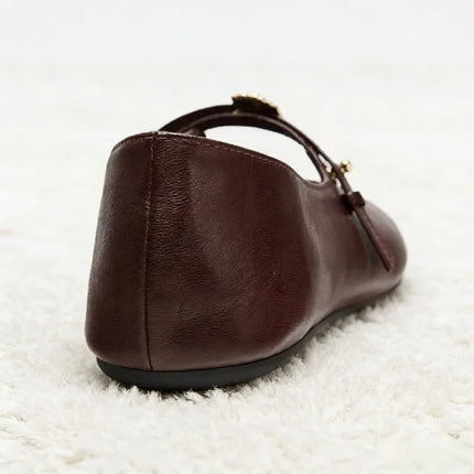 Luxury Metal Decoration Ballet Flats Women Retro Round Toe Soft Leather Mary Jane Shoes Light Soft Sole Comfortable Casual Shoes