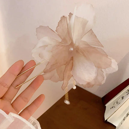 New Chinese Style Gentle Gradient Fabric Flower Hair Sticks for Women Sweet Chains Tassel Imitation Pearl Hairpin Fairy Headwear