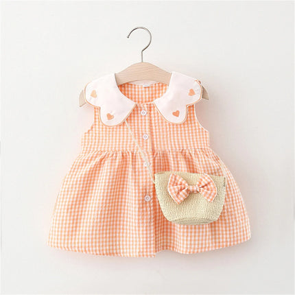 Summer Newborn 2-Piece Girl Infant Cotton Dress And Backpack Baby Embroidered Flip Collar Checkered Sleeveless Beach Dress