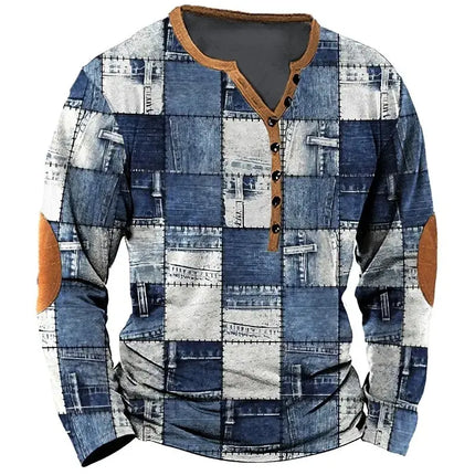 Men's Vintage T-shirt, Cotton Imitation T-shirt, Geometric Lines Print, Henley Long-sleeved T-shirt, Top, Men's T-shirt, Casual