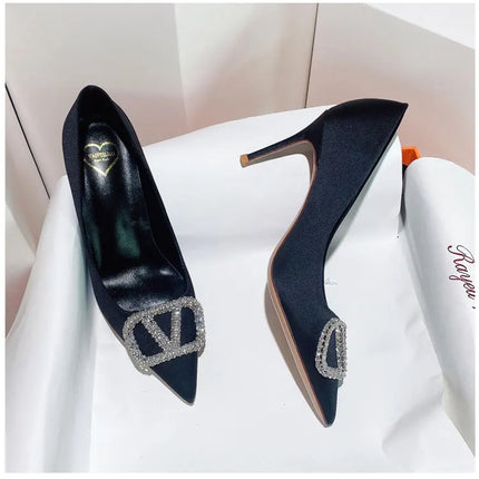 2025 New Women's Slim High-Heeled Pointed Toe Pumps with Rhinestone Buckle - Sexy Shallow-Cut Single Shoes