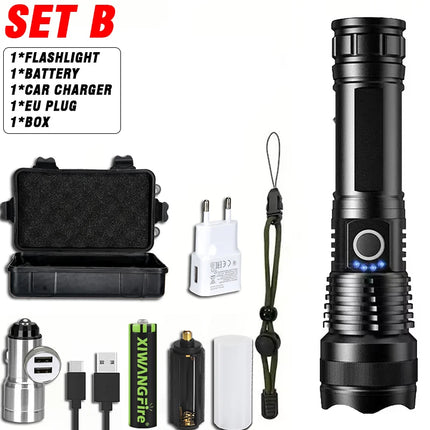 High Power LED Flashlight USB Rechargeable 5 Mode Aluminum Alloy Telescopic Zoom Torch Tactical Lamp for Outdoor Camping Fishing