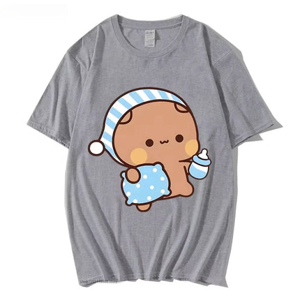 Couple T-shirt Cute BuBu Panda Going to Sleep with DuDu Bear Graphic T-shirt Women Clothes Sleeve Tops Women's Clothing