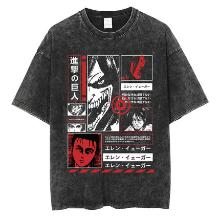 Anime Attack on Titan Vintage Washed Print T-shirt Mikasa Ackerman Eren Jaeger Wings of Freedom Logo Men's Summer Cotton T-shirts