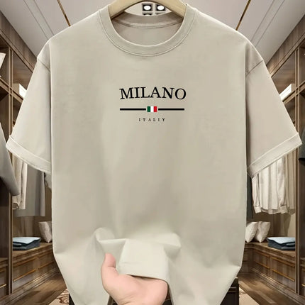 Men's 100% Pure Cotton Fashionable Casual Loose Italian Style Milan Letter Print Round Neck Short Sleeve T-Shirt Top