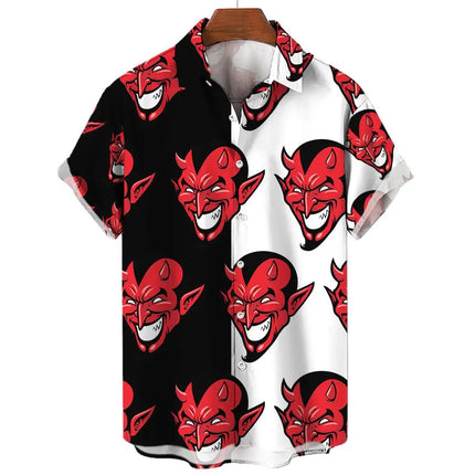 Devil Pattern Men's Shirts Oversized Shirt Loose Casual Double Patchwork Red Imp Party Festival Camisas Original