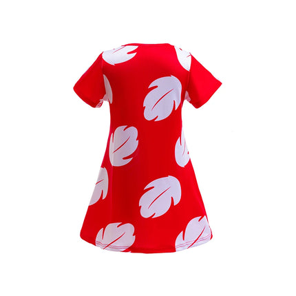 Disney Lilo Costume Girl Cosplay Red Dress Short Sleeve Pajamas Hawaiian Printed Dress Summer Beach Outfit + Stitch Doll Set