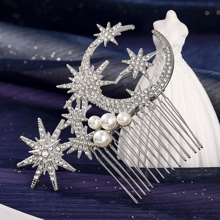 Retro Korean-Style Star and Moon Bridal Hair Comb Classic Pearl Handmade Hair Clip Headpiece For Women Holiday Hair Accessories
