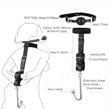 BDSM Bondage Kit Anal Hook, Neck to Wrist Behind Back Handcuffs Collar with Anal Trainer & Ball Gag, Bed Restraints SM Games Too