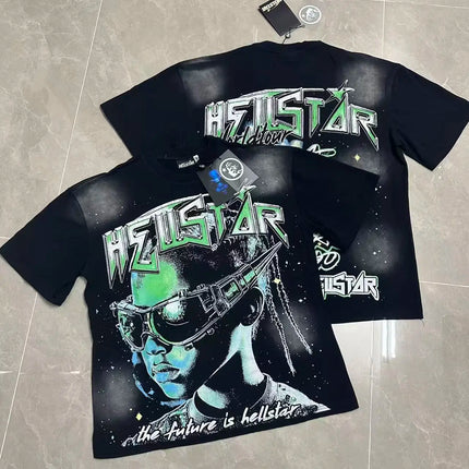 Retro Washed Loose Ex-Ort Sweet T-shirt Hell Star Skull Letter Print High Street Short Sleeve Summer Top for Men and Women