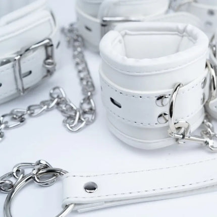 White Bondage Kit Leather Restraints Set Handcuffs Ankle Cuffs Collar and Leash Sexy Lingere Fetish Harness Woman Accessories