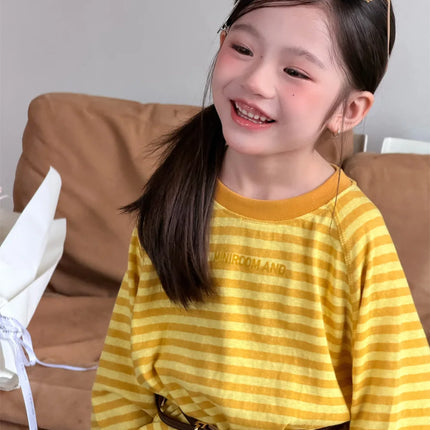 T-shirt 2026 Spring and Summer New Childrens Clothing Korean Boys and Girls Loose Shoulder Long Sleeve Stripe Letter T Sleeve