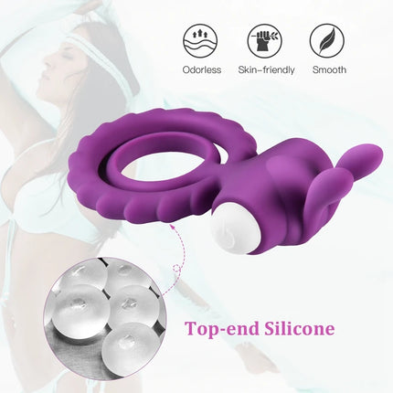 Penis Ring Dual Vibrating Delay Ejaculation Erection Enhancer Vibrator with Rabbit Ear Durable Cock Rings Sex Toy Men Couples