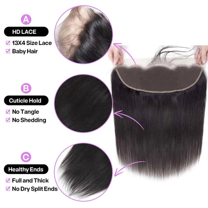 13x4 Lace Frontal Closure 100% Brazilian Human Hair Straight Pre-Plucked with Baby Hair Ear to Ear Bleached Knots Natural Black