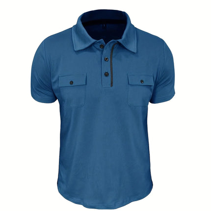 Summer Men's Short-Sleeve Polo Shirt Casual Solid Color Turn-Down Collar T-Shirt Pullover Top Henley Shirt with Pockets