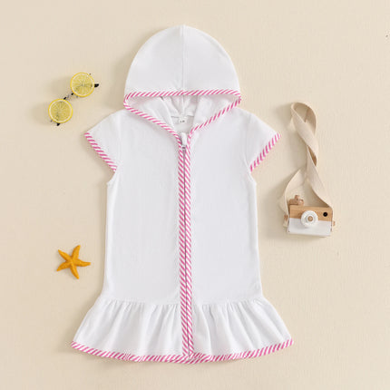 Toddler Girl Hooded Beach Coverup Summer Infant Stripe Print Zipper Robe Children Short Sleeve Summer Swimwear Cover-up
