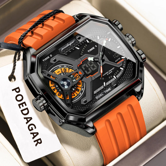 POEDAGAR Sports Men Wristwatch Date Week Chronograph Luminous LED Man Clock Silicone Strap Electronic Men's Quartz Watches Reloj