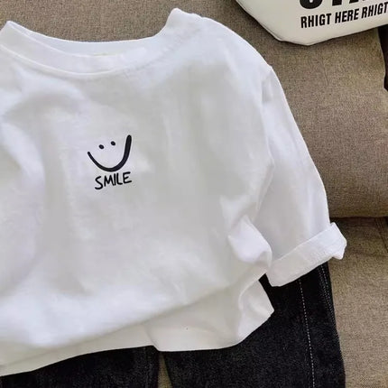1-7T Kids Boys Spring Basic T-shirt Children Autumn Long Sleeved White Pullover Baby Girls Pure Cotton Loose T-shirt Top Clothes