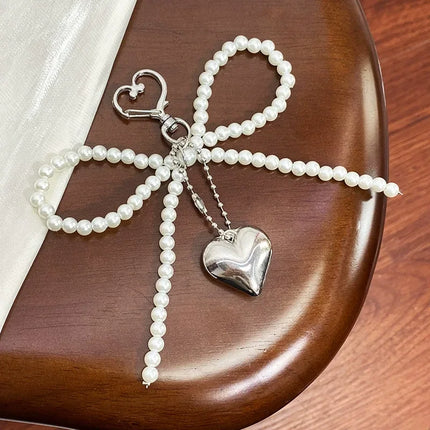 Imitation Pearls Lace Bowknot Keychain Sweet Beaded Pendant Keyring for Women Handbag and Backpack Key Chain Exquisite Ornament