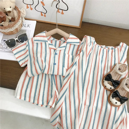 Summer Toddler Siblings Attire Turn Down Collar Top Striped Shorts Infant Boy Suit Loose Sleeveless Retro Dress Baby Girl Outfit