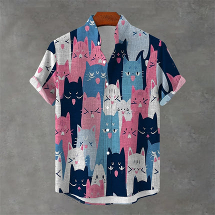 Men's New Short-Sleeved Shirt, Cartoon Cat Print, Hawaiian Style Casual Vacation Lapel Top, Wrinkle-Resistant and Non-Iron.