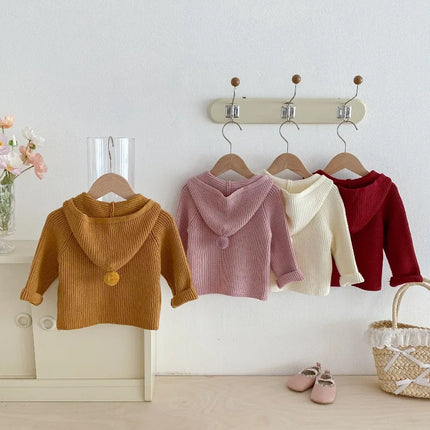New Spring Autumn Toddler Girl Boy Sweater Coat Knit Hooded Cardigan Long Sleeve Top with Pockets Warm Casual Outerwear A5336