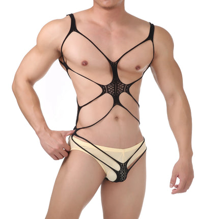 Sexy Bondage Lingerie Fetish One-Piece Lingerie Bodysuit Men Fishnet Underwear Open Butts Hollow Bra Erotic Apparel