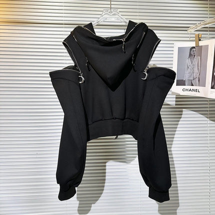 Y2K Subculture Dark Style Hot Girl Hooded Sweatshirt Jacket for Women Autumn Winter New Zipper Off-Shoulder Loose Top