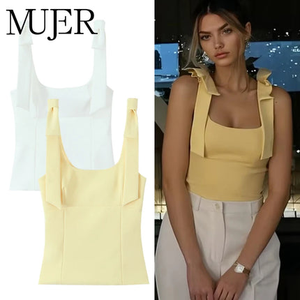 WOMAN 2025 Bow Crop Top Woman Yellow Sexy Backless Top Women White Sleeveless Tops for Women Summer Camisole Bustier Top Female