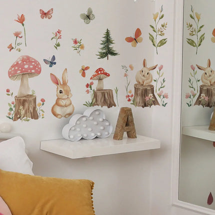Cartoon Little Rabbit Tree Stump Forest Bedroom Living Room Home Wall Background Beautification Decorative Wall Stickers