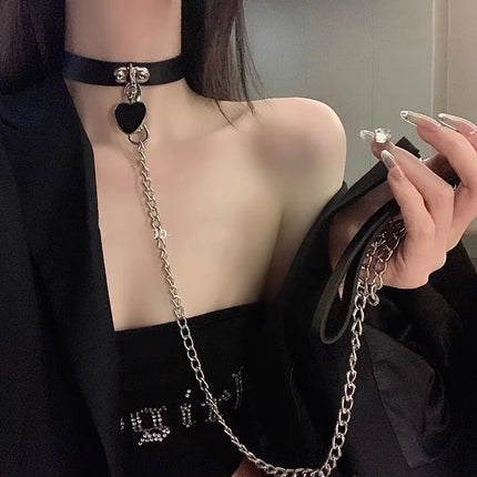 Cosplay Necklace Leash And Collar BDSM Leather Slave Heart Bell Ring C harm Collars Set For Women Bondage Gothic Choker Accessor