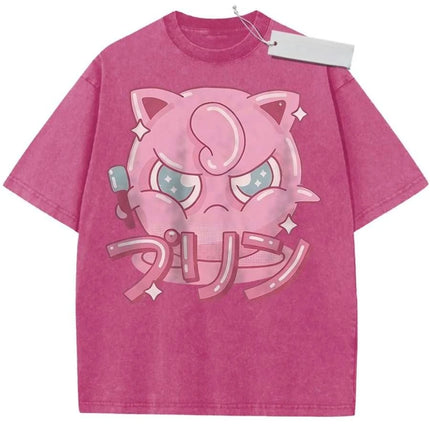 T Shirt Sports T Shirt Short Sleeve T Shirt Rose Red Unisex Pure Cotton Washed Vintage Pokemon Jigglypuff Anime Print
