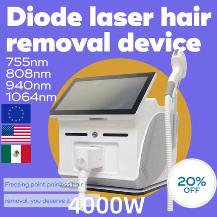 2026 Professional 4000w Soprano Diode Laser Hair Removal 4 Waves 755 940 1064 808nm CE Certificate Alexandrite Device Permanent
