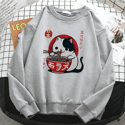 Funny Japanese Cat Eat Ramen Hoodies Fleece Sweatshirt Soft O-Neck Pullover Casual Female Clothes Autumn Spring
