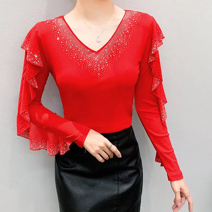 2025 Autumn New Style Mesh Tops Korean Fashion Round Neck Ruffles Shirt Lotus Leaf Edge Hot Diamond Long Sleeve Women T-Shirt
